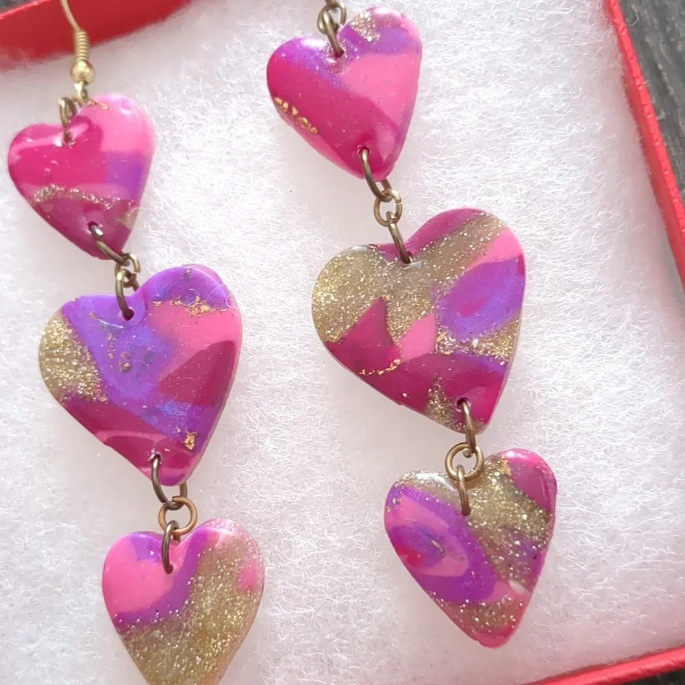 Vintage 80's Glittery Pink Heart Drop Chain Earrings